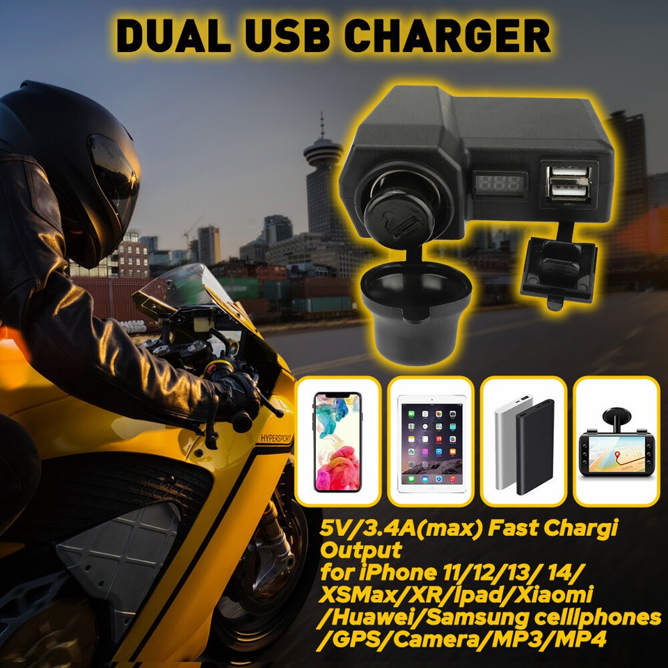 Double Prise USB Étanche Pour Moto - Chargeur 12V Avec Voltmètre Et Allume-Cigare - AUXITO