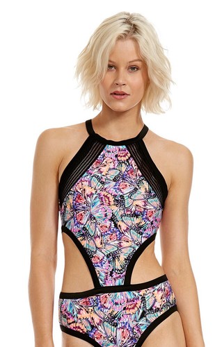 NWT $142 Body Glove Fly Millie Butterfly Print High-Neck 1pc Sz Large Swimsuit - Picture 2 of 12