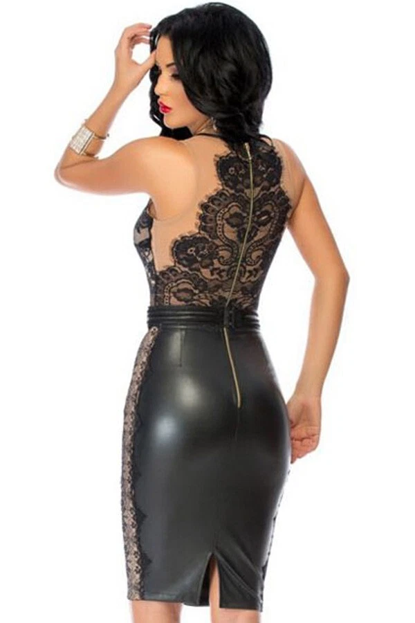 RARO Sexy Para Mujer Cuero PU Mini Vestido Aspecto Húmedo Encaje Club Ropa Falda EE. UU. Mediana Foto 2 de 4