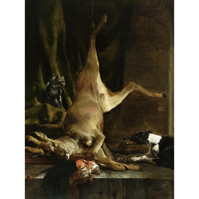 Weenix Dog And Cat Near Disembowelled Deer Large Wall Art Print 18X24 In