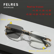 Men Rimless Metal Progressive Photochromic Blue Light Blocking Reading Glasses