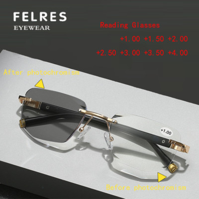 Men Rimless Metal Progressive Photochromic Blue Light Blocking Reading Glasses