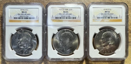 Eisenhower Dollar $1 Big Sky Hoard NGC MS 65 Lot (1974-D, 1976-D T2, 1978-D)