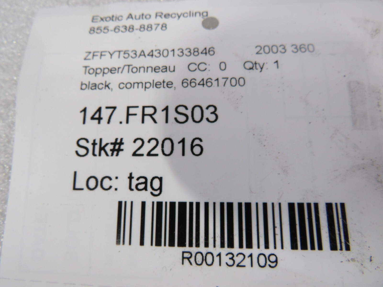 Ferrari 360, Rear Convertible Top Tonneau Panel Cover, Used, P/N 66461700