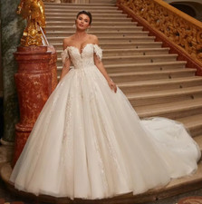 Princess Off the Shoulder Wedding Dresses with Court Train Tulle Bridal Gowns
