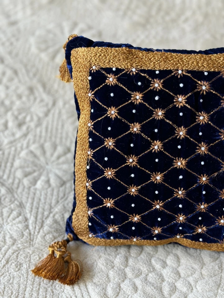 Luxury Navy Blue Gold Moroccan Style Handmade Embroidered 10" Filled Cushion - Image 4 of 4