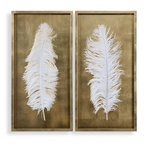 UTTERMOST 4057 WHITE FEATHERS GOLD PINE WOOD SHADOW BOX WALL ART SET OF 2 - Picture 1 of 3