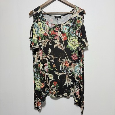 Lbisse Blouse Womens 3X Colorful Floral Artsy Cold Shoulder Made USA Stretch