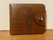 RARE MENS "BAILINI" BROWN LEATHER WALLET COWBOY RIFLE CLUTCH SNAP BUTTON BIFOLD