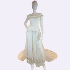 1940s Vintage Wedding Dress Lace Off Shoulder Bias Satin Bridal Gown As Is
