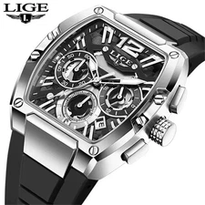 LIGE Men Quartz Watch Rectangle Wristwatch Chronograph Sport Boy Outdoor Watches