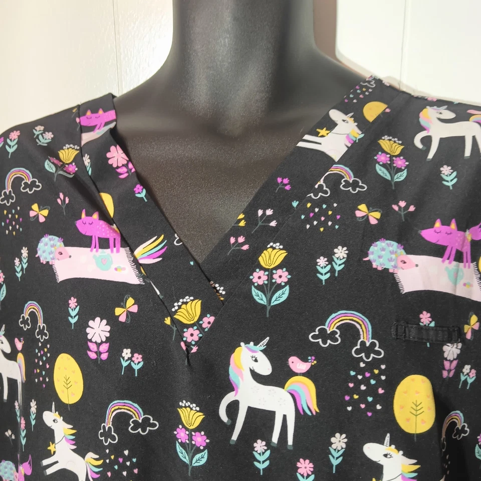 White Cross Scrub Top Unicorns Rainbows Flowers Women's Size 3XL XXXL - Image 2 of 4