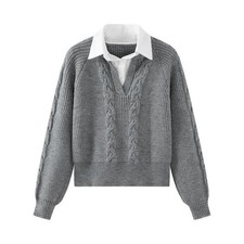 Women Fake Two-Sweater Knitted Splicing Jumper Pullover Collar Jacquard Japanese