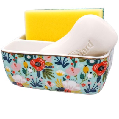 2 Compartments Ceramic Sponge Holder for Kitchen Sink, Cute Floral Countertop...