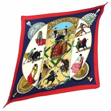 Hermes Pleated Carre Scarf PLAZA DE TOROS 90cm Silk Used