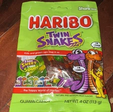 HARIBO Gummi Candy Twin Snakes Sweet & Sour Gummy Candy 4 Oz Bag
