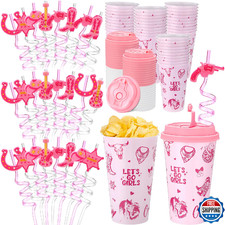 Yungyan 36 Sets Pink Cowgirl Party Favors Goodie Cups with Lids and Straws for H