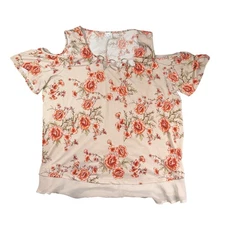 Naif Shirt Womens Large Beige Red Floral Cut Out Short Sleeve Blouse Boho Top