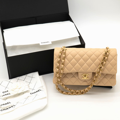 NEW Chanel Medium Classic Flap Beige Clair Lambskin Quilted GHW Full Set & COA