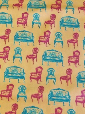 Victorian Chairs Settee Pattern Tan Turquoise Cotton Fabric Almost 1 Yard (34'')