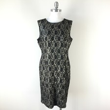 Tahari 12 14 Black Gold Lace Formal Evening dress Sleeveless Metallic EUC