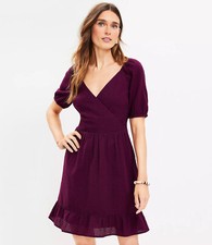 Loft Women's Crinkle Flounce Puff Sleeve Dress Size 10 NWT Purple Above Knee