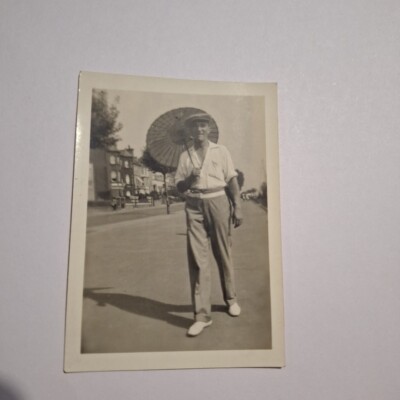 Vintage Photograph Gentleman Walking Pipe Parasol Dapper Gent Holiday Snap 