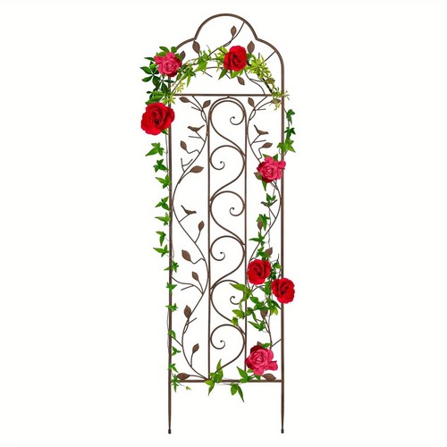 60x15in Iron Arched Garden Trellis Fence Panel w/ Branches