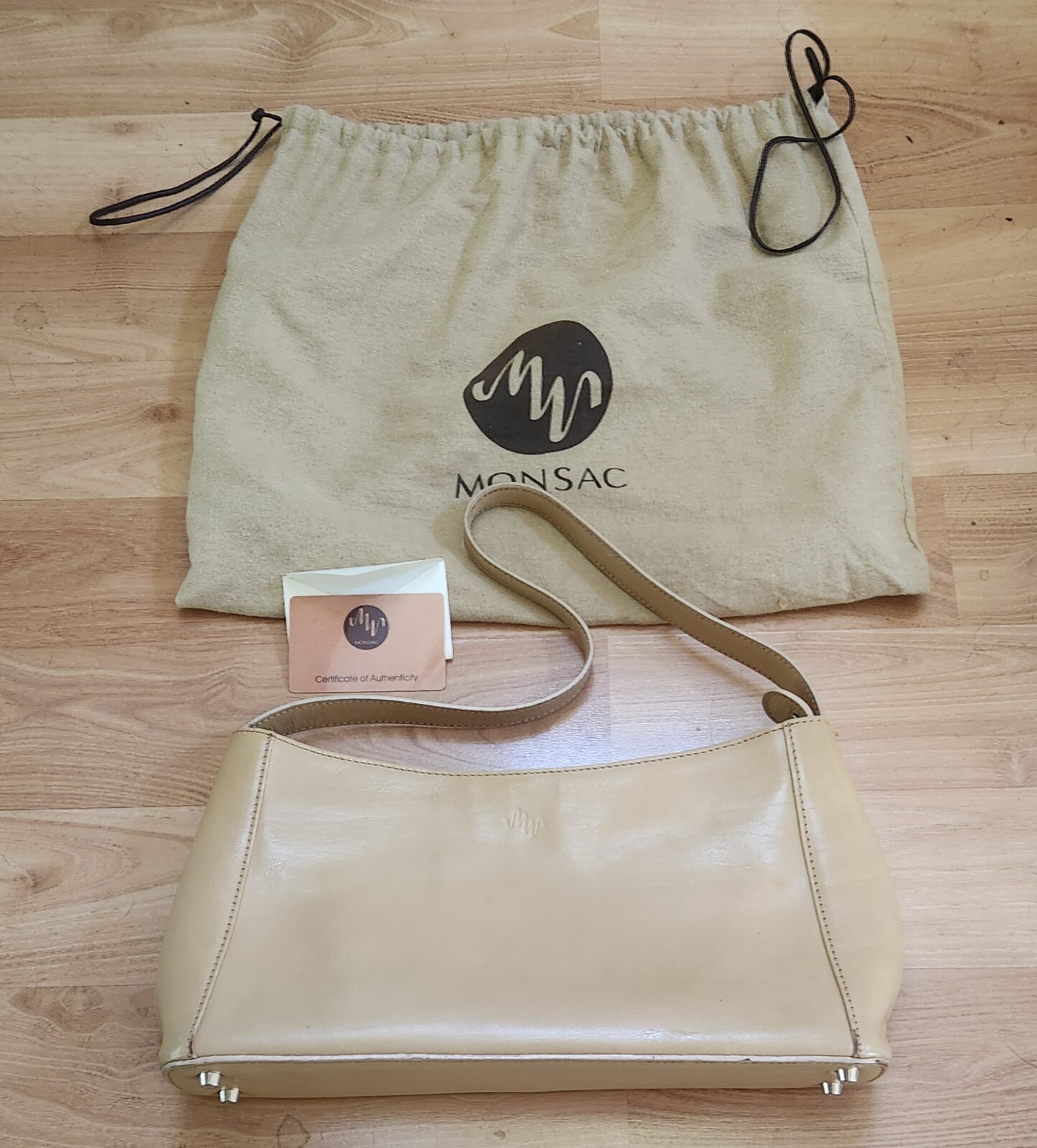 Monsac Original Tan Leather Hand Bag w Dust Bag, Cert. of Authenticty. Read