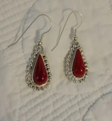 Vintage ACE Of Guadalajara Mexico Red Onyx Beaded Edge 925 Teardrop Earrings