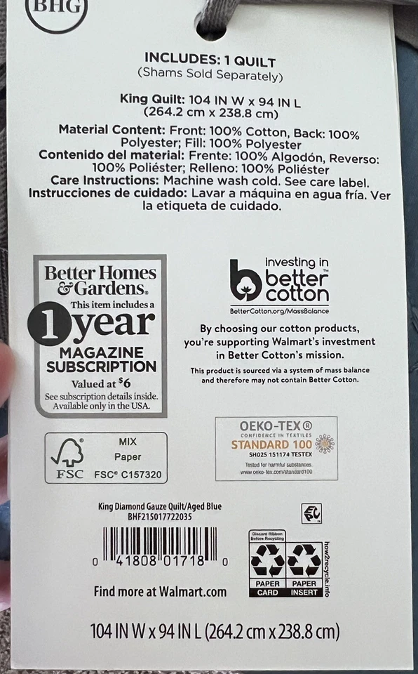 Better Homes & Gardens Blue Diamond Gauze Quilt, King Brand New - Image 3 of 3