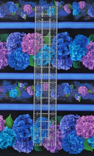 Timeless Treasures Midnight Bloom Hydrangea Border Stripe Fabric by the Yard - Picture 2 of 4