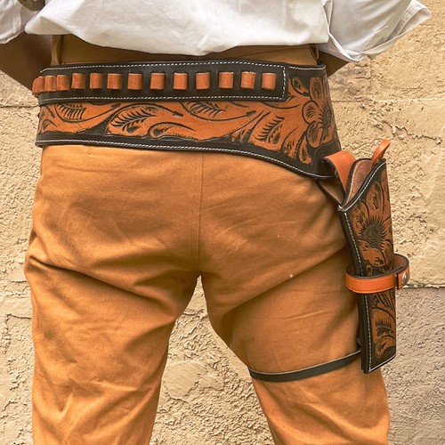 NEW 44/45 Cal Tooled Holster Gun Belt Drop Loop LEATHER Western RIG SASS Cowboy - Picture 36 of 44