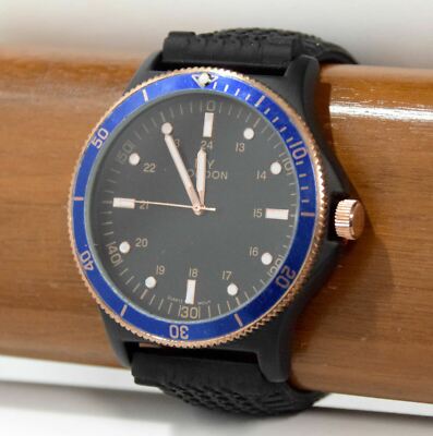 NEW NY London 9809 Blue Coin Edge Bezel Black Tire Tread Silicone Band Watch