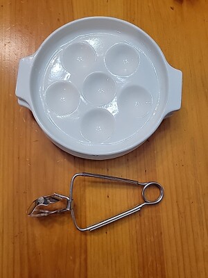 4 Escargot White Enamel Metal Plates Baking Dishes & Server Escargot/Mushroom