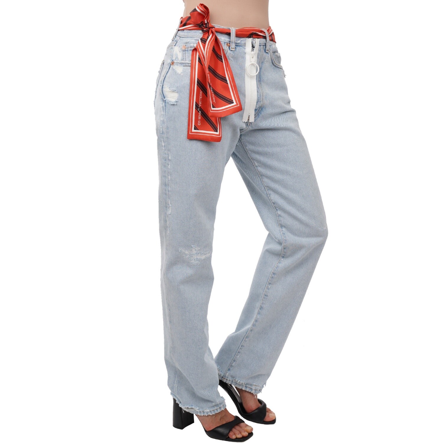 OFF-WHITE Virgil Abloh Logo Silk Scarf Straight Distressed Jeans Pants Blue