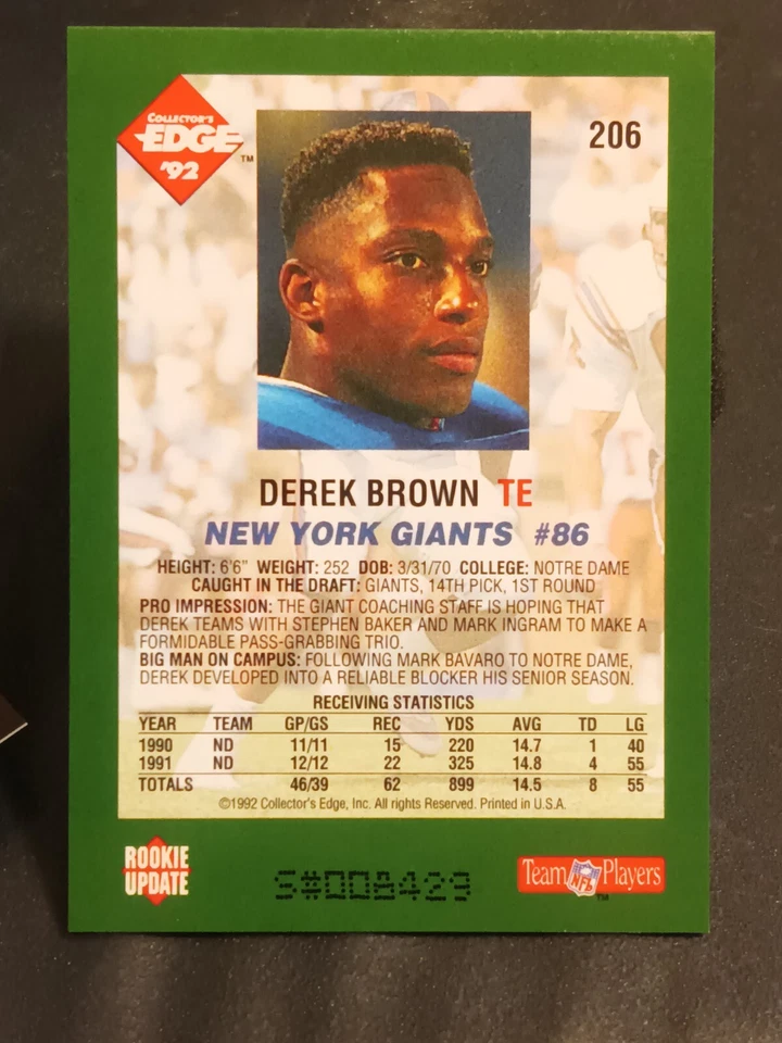 1992 Collector's Edge ⭐Limited Print #009429⭐#206 Derek Brown (RC) NY Giants  - Image 2 of 2