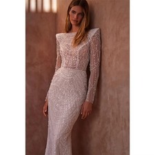 White O-Neck Wedding Dress Long Sleeves Elegant Mermaid Floor-Length Bridal Gown