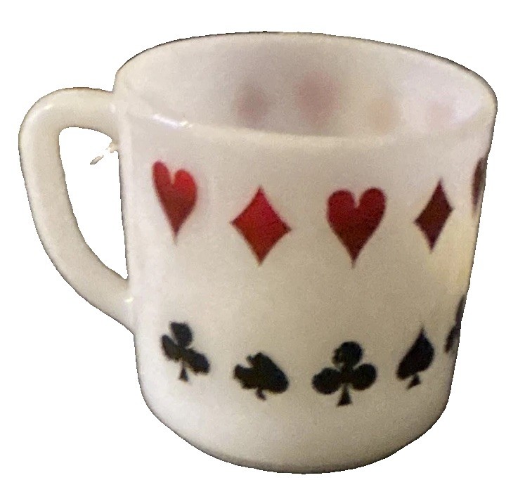 Vintage Milk Glass Coffee Mug Playing Card Suits Poker Bridge Federal Fire King