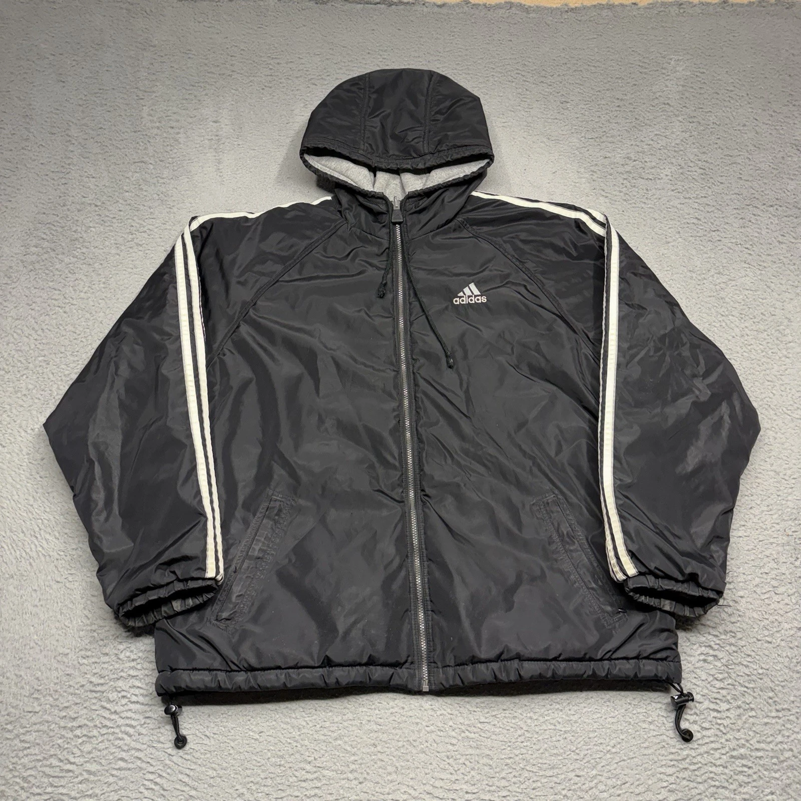 VINTAGE Adidas Jacket Mens Large Black Hooded Reversible 3 Stripes Fleece 90s