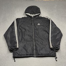 VINTAGE Adidas Jacket Mens Large Black Hooded Reversible 3 Stripes Fleece 90s