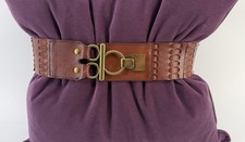 Women Wide Elastic Waist Vintage Genuine Leather Waistband Belt Brass hardware