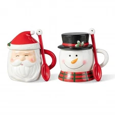 Glitzhome Set of 2 Christmas Ceramic Santa & Snowman Mug with Lid and Spoon