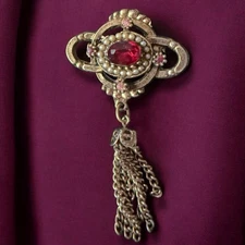 Vintage Tassel Brooch Victorian Revival Rhinestone Gold Tone Pink Glass