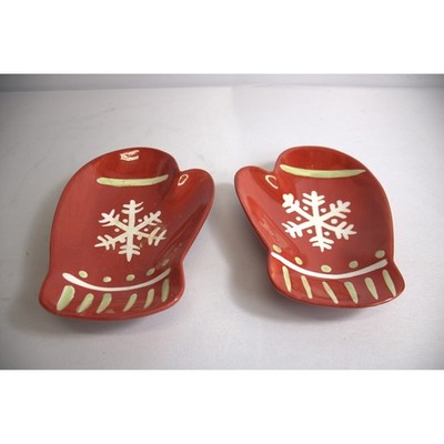 Hallmark Christmas Mitten Shaped Dishes Red Snowflake Set 2 Small Trinket Candy