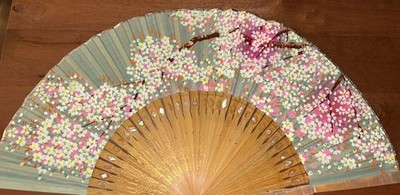 Vintage Silk/ Mother of pearls Japanese folding fan- Hand painted