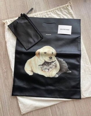 BALENCIAGA Shopper Tote Bag Puppy Cat Print Black Pouch Dust Bag Auth