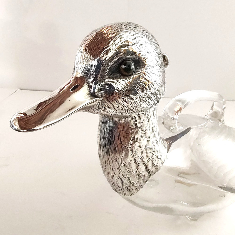 Sterling-Mounted Engraved Glass "DUCK" Claret Jug, Mauser Mfg. Co. NY circa 1900