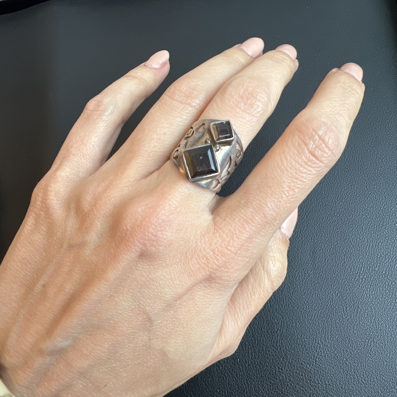 Sterling Silver Statement Ring w/ Square Dark Sto… - image 1
