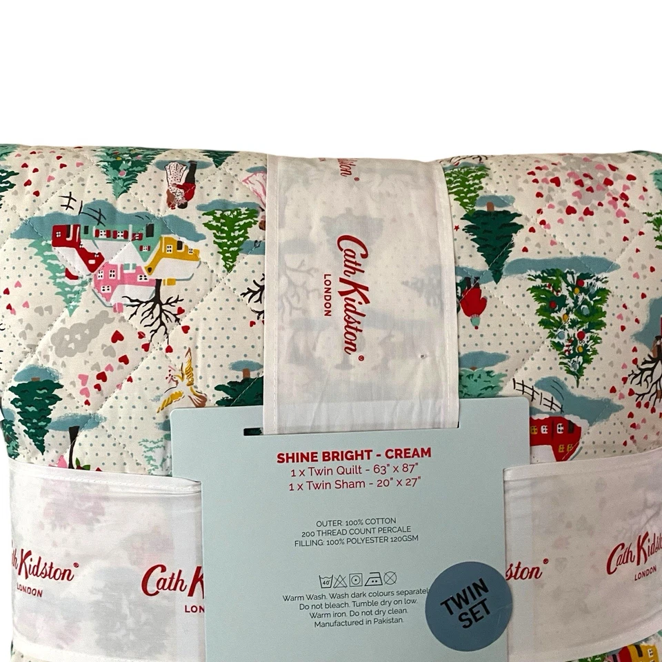 Cath Kidston London Cotton Christmas SHINE BRIGHT Cream Twin Quilt & Sham NWT - Image 3 of 4